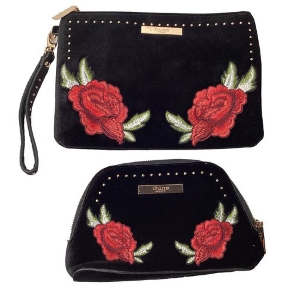 Dune London Clutch Makeup Bag Set of 2 Black Velvet Roses Vintage Gold Zipper